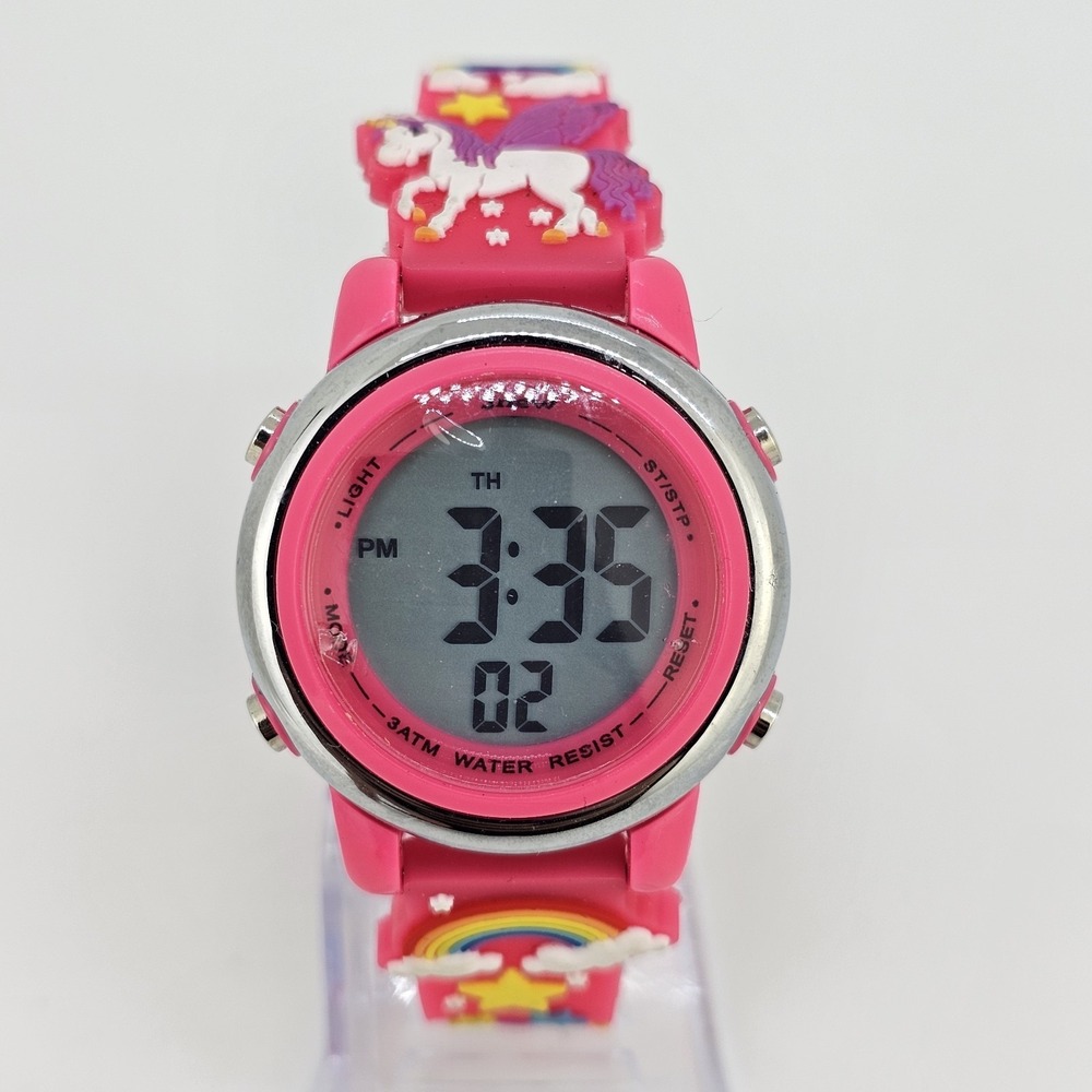 Digital Kid's Watch 34MM Unicorn Rainbows Pink Plastic Bands New Battery